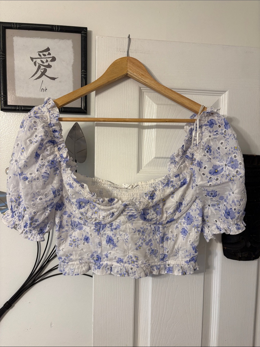 Astr Cropped Puff Sleeve Floral Top in White and Blue